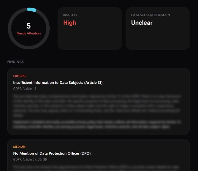 Example compliance report showing High risk level and Unclear EU AI Act classification with GDPR Article 13 and DPO findings